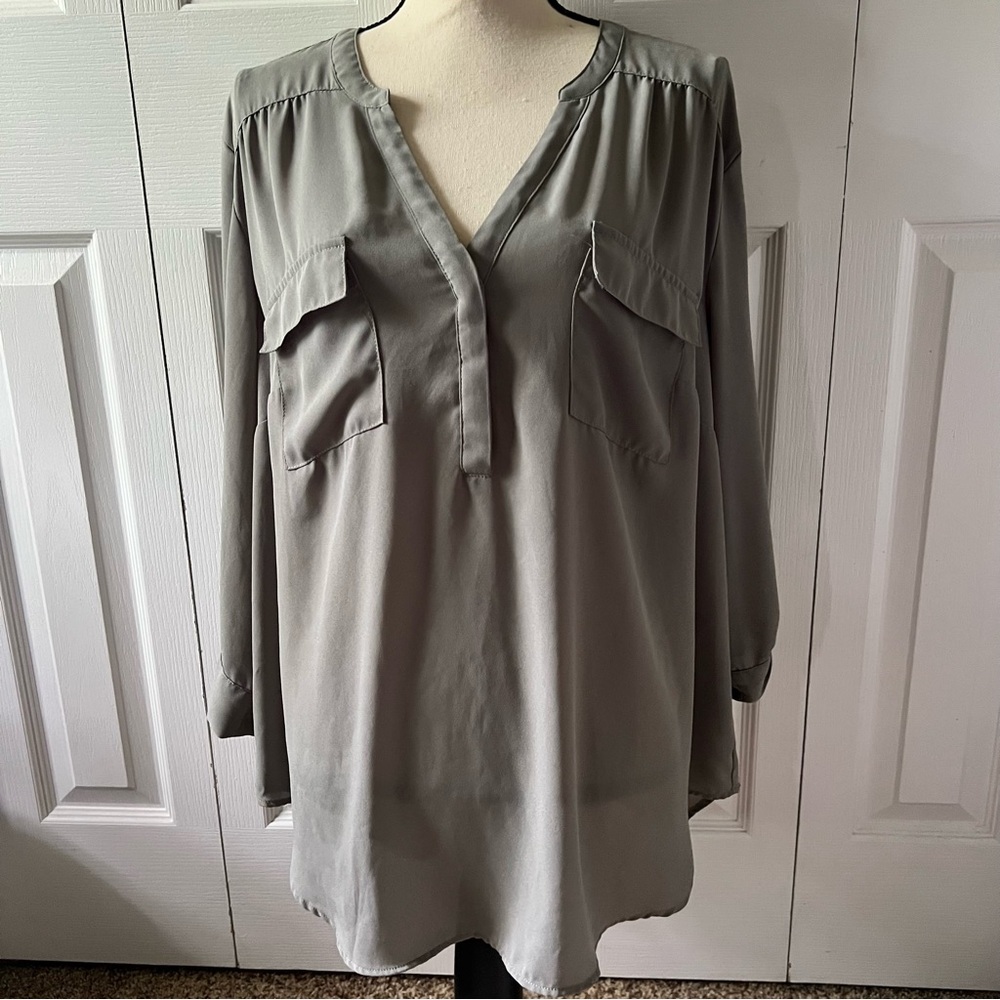 Torrid Olive/Sage Blouse with Pockets and Roll Tab Sleeves Size 2